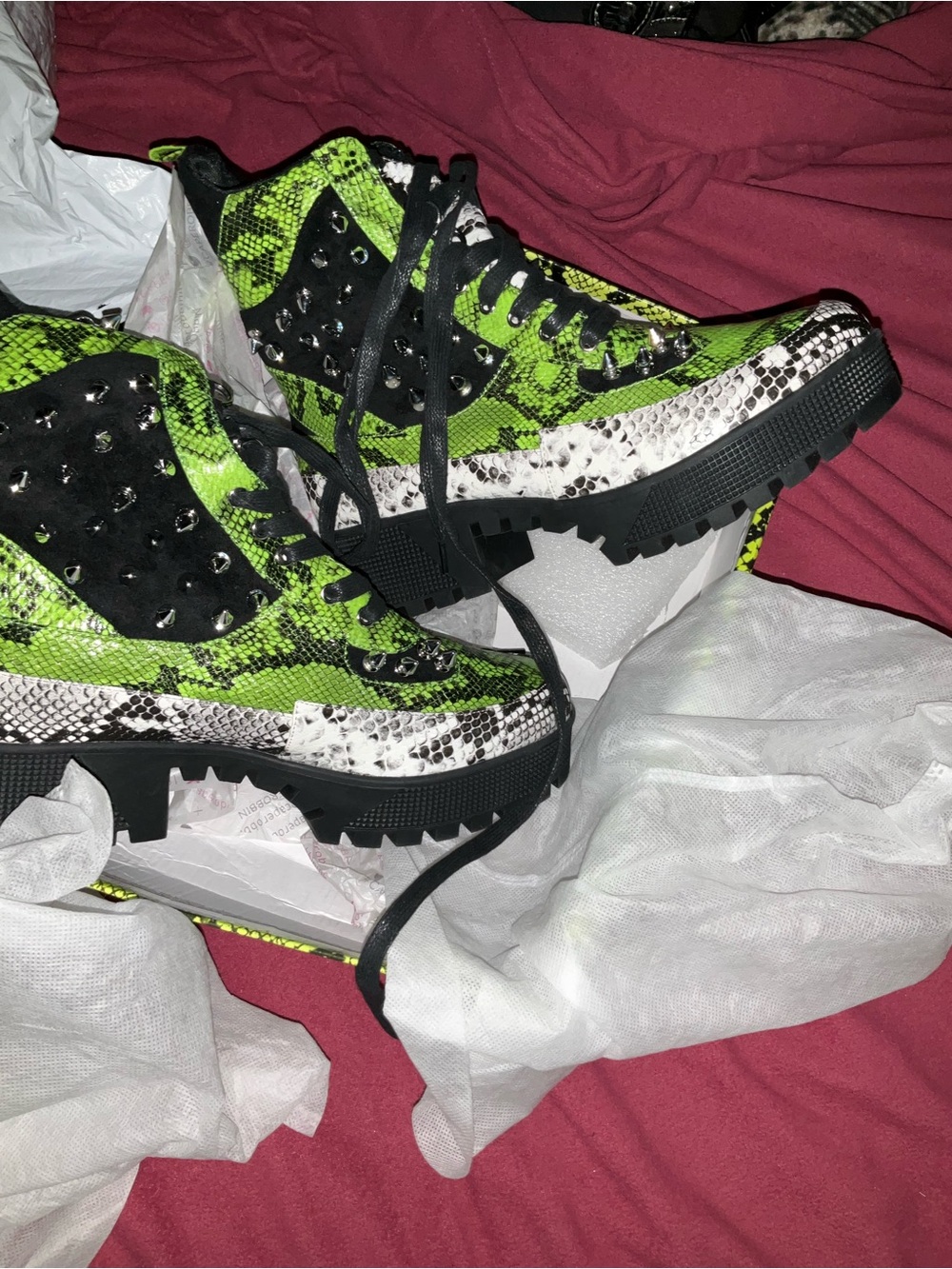 Cape Robbin Neon Green Snake-Print Lace-Up Women’s Boots